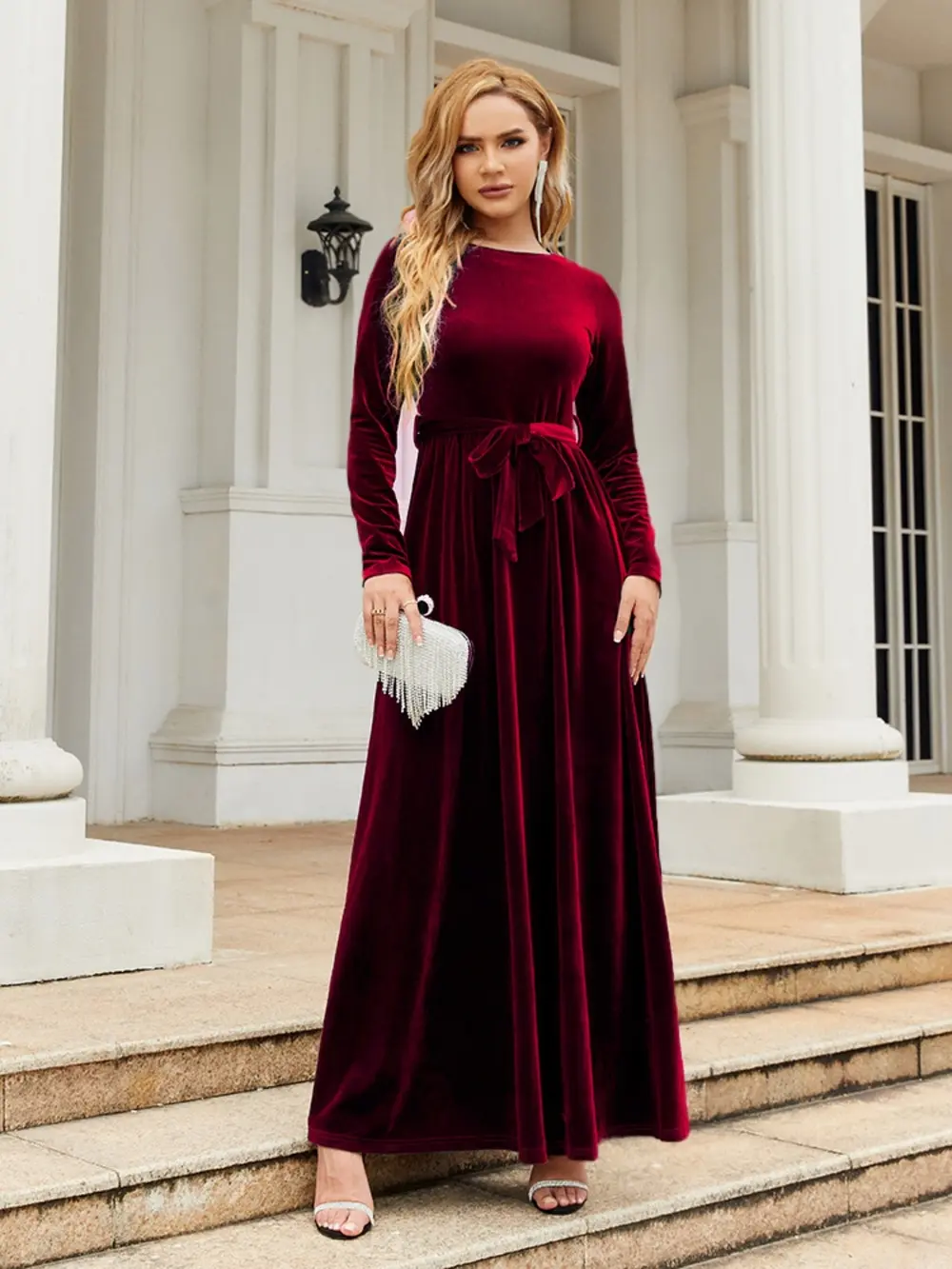 Tie Front Round Neck Long Sleeve Maxi Dress, image 14