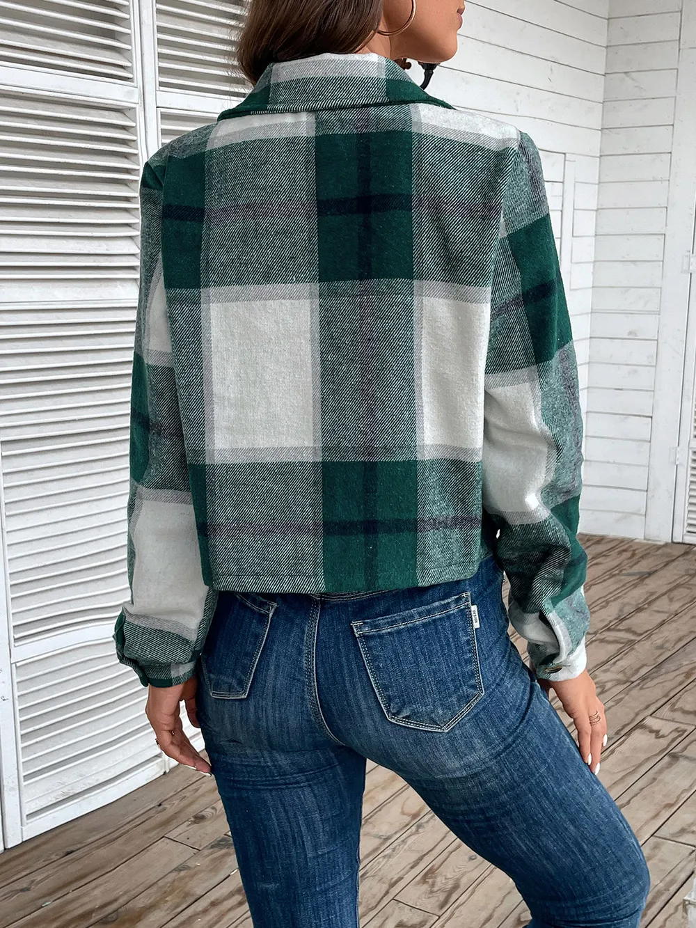 Plaid Collared Neck Button Up Long Sleeve Jacket, image 4