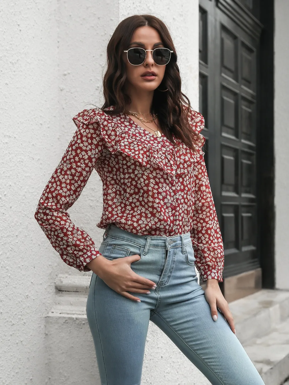 Printed Statement Collar Long Sleeve Blouse, image 4