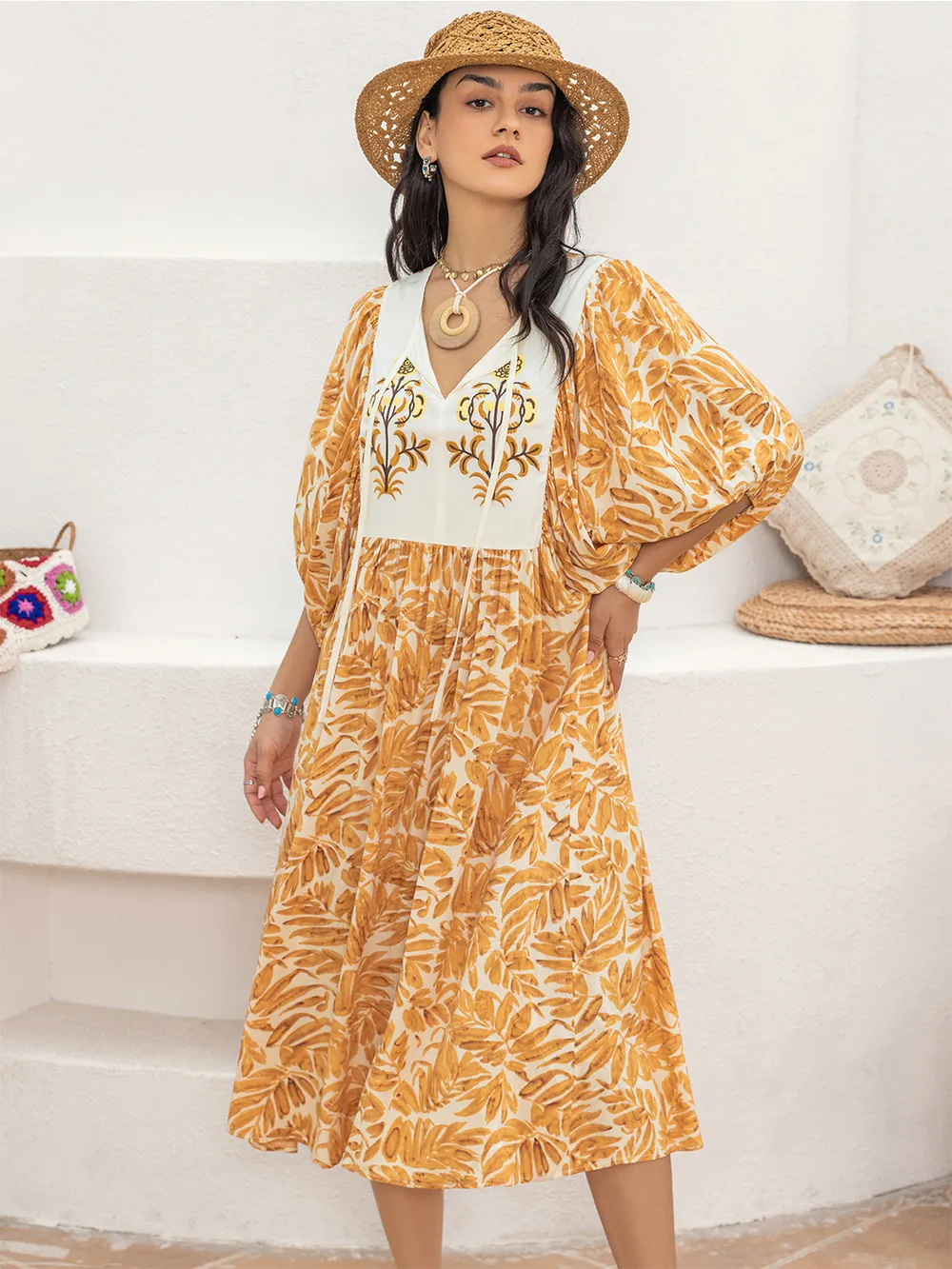 Printed Tie Neck Midi Dress, image 7