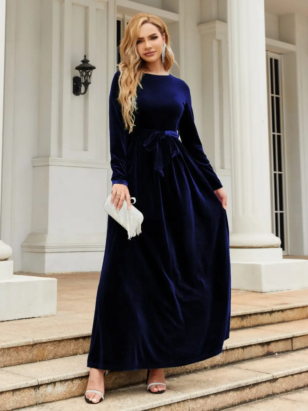 Tie Front Round Neck Long Sleeve Maxi Dress, image 15