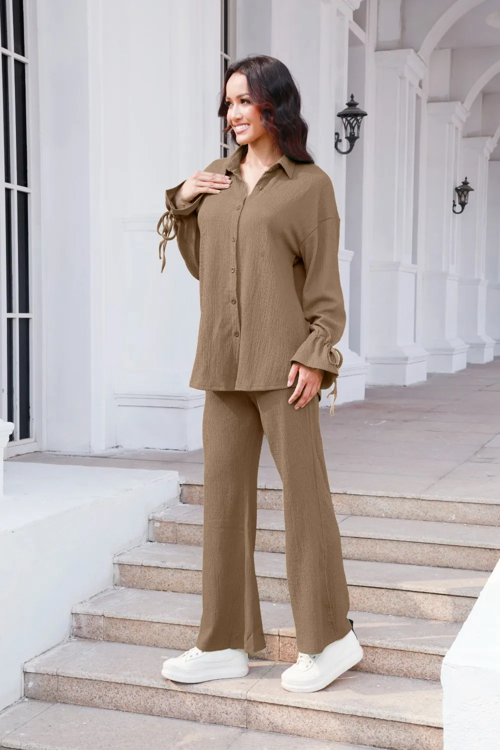 Drawstring Flounce Sleeve Shirt and Pants Set, image 4