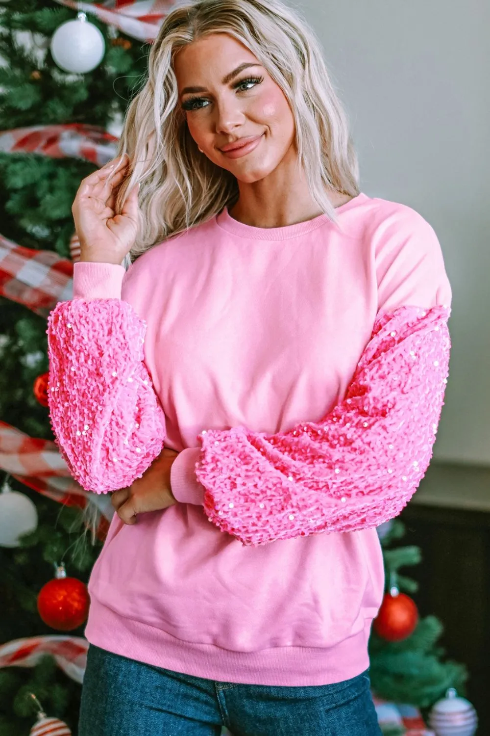 Sequin Round Neck Dropped Shoulder Sweatshirt, image 6