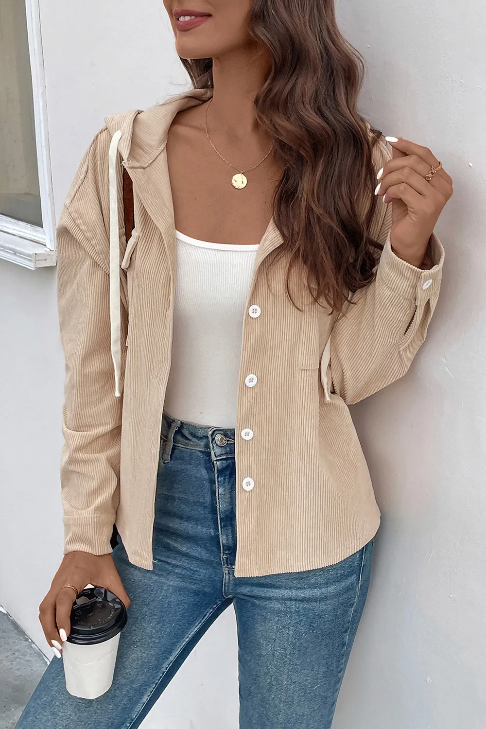 Ribbed Button Up Drawstring Hooded Jacket, image 3