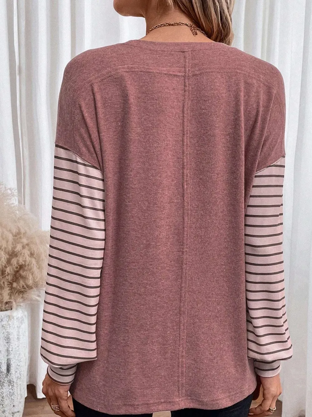Round Neck Striped Long Sleeve Slit T-Shirt, image 11