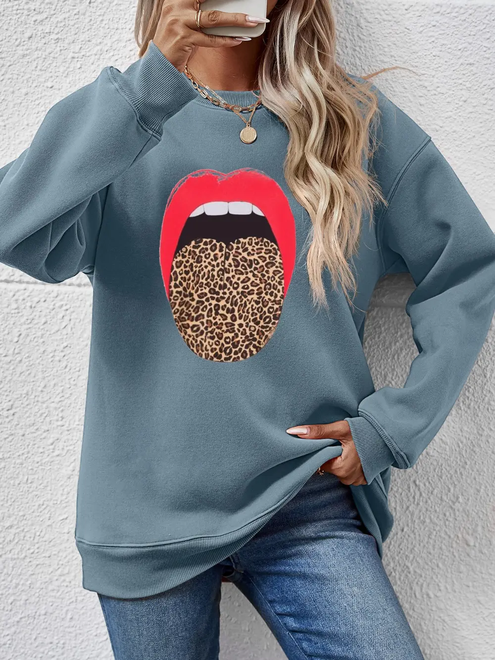 Leopard Lip Graphic Round Neck Sweatshirt, image 8