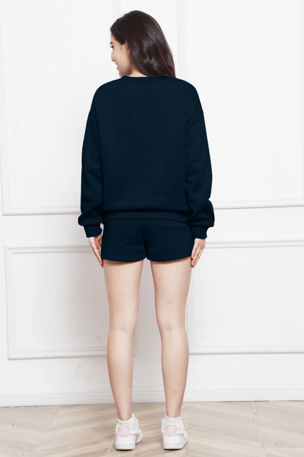 Round Neck Long Sleeve Sweatshirt and Drawstring Shorts Set, image 16