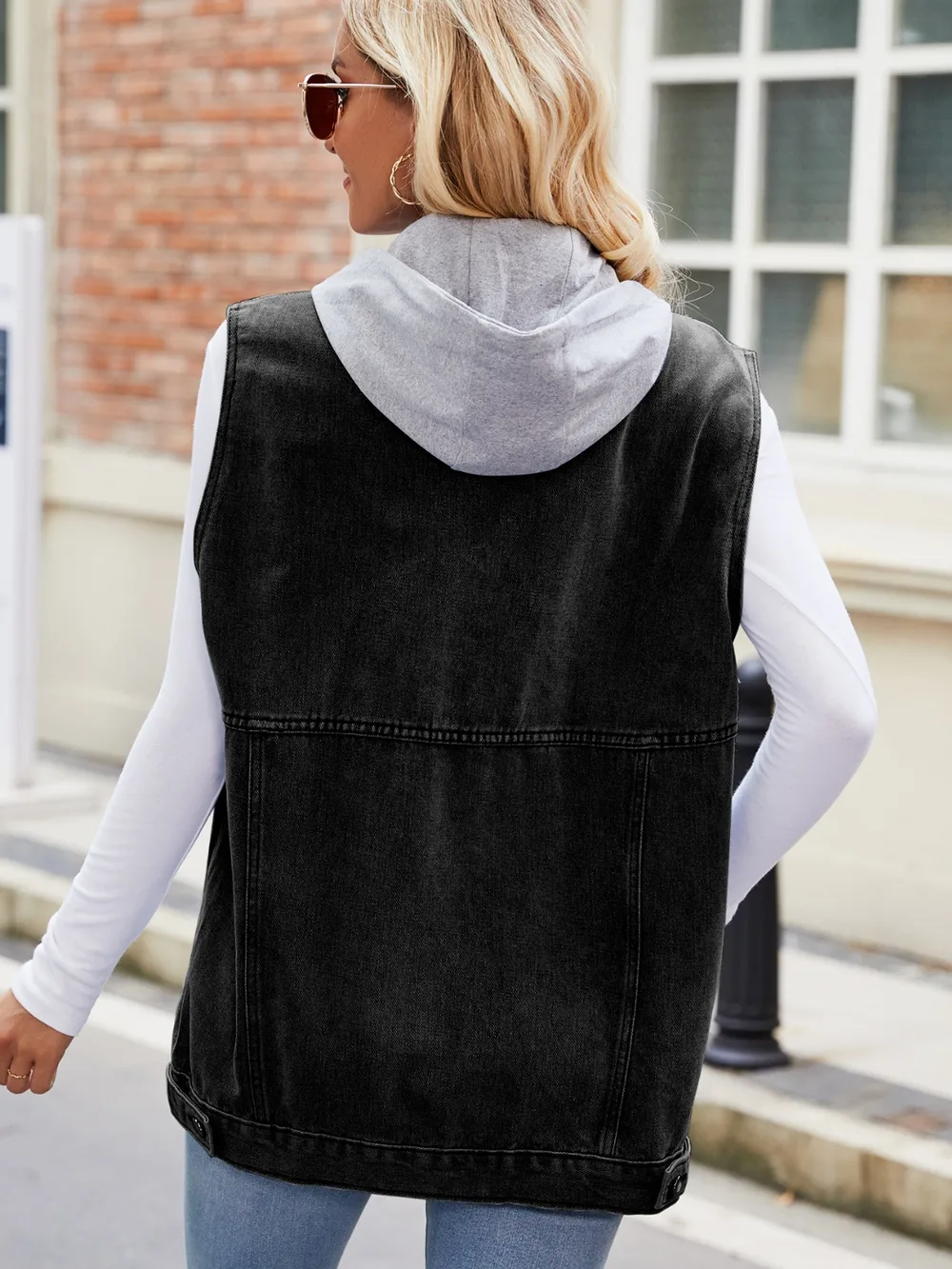 Drawstring Hooded Sleeveless Denim Jacket, image 4