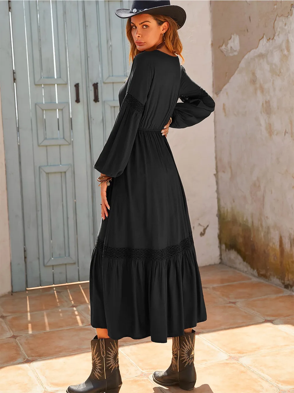 Tie Neck Balloon Sleeve Midi Dress, image 7