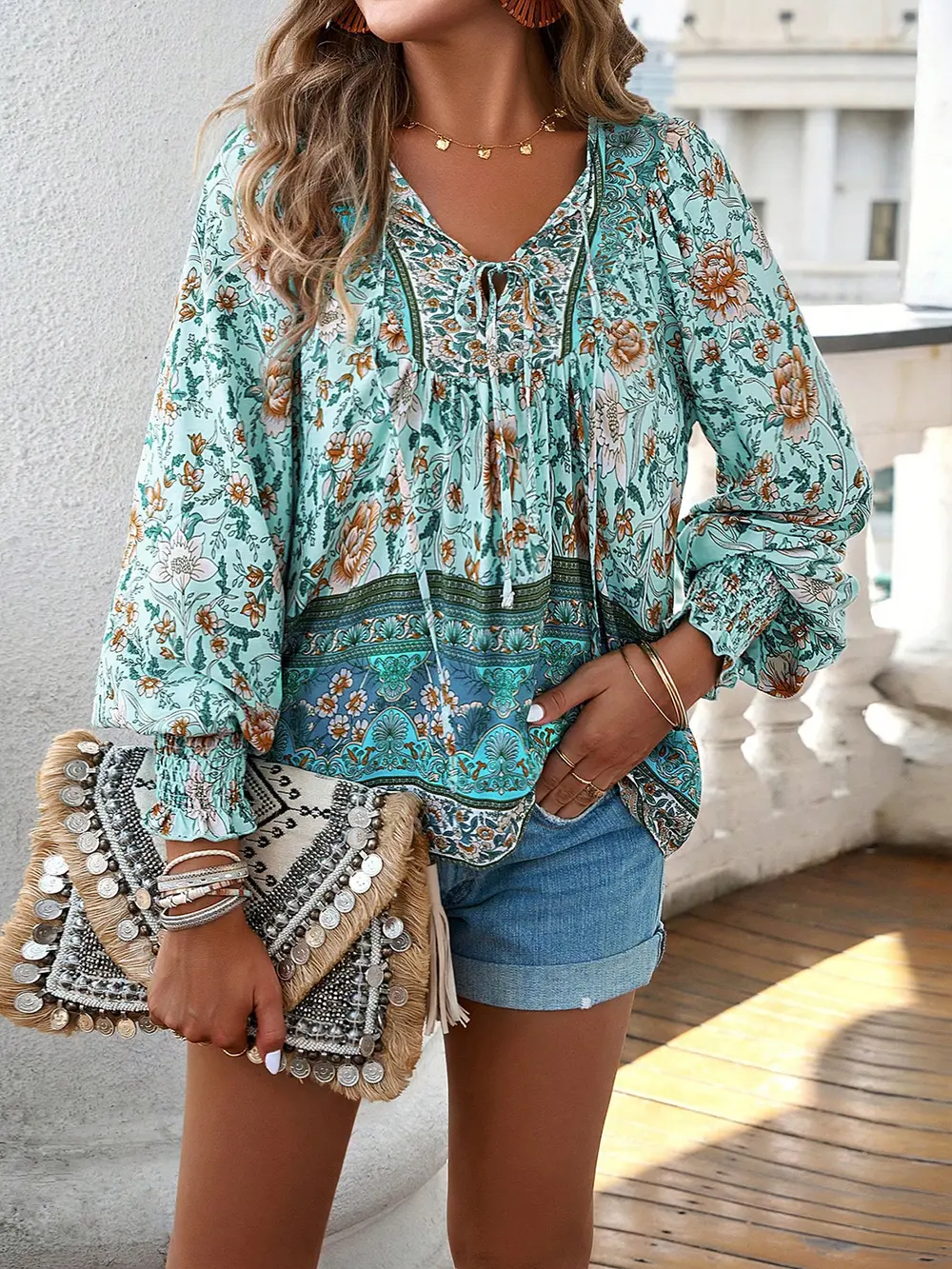 Bohemian Tie Neck Lantern Sleeve Blouse, image 8