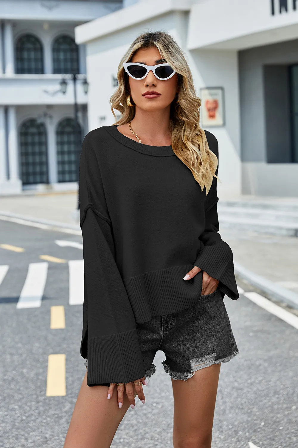 High-Low Slit Round Neck Long Sleeve Sweater, image 27