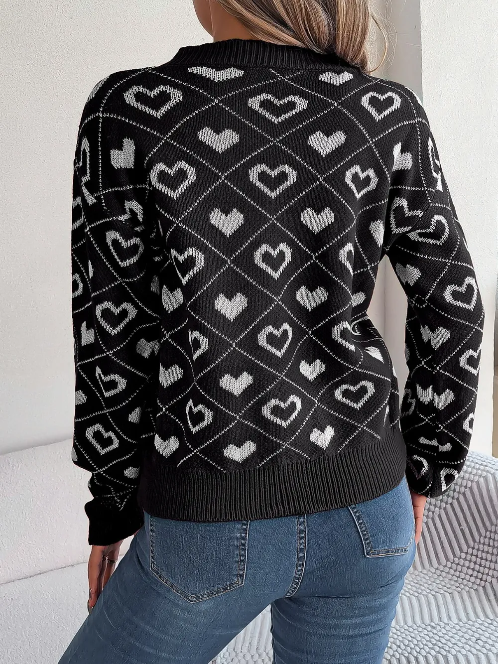 Heart Pattern V-Neck Long Sleeve Sweater, image 12