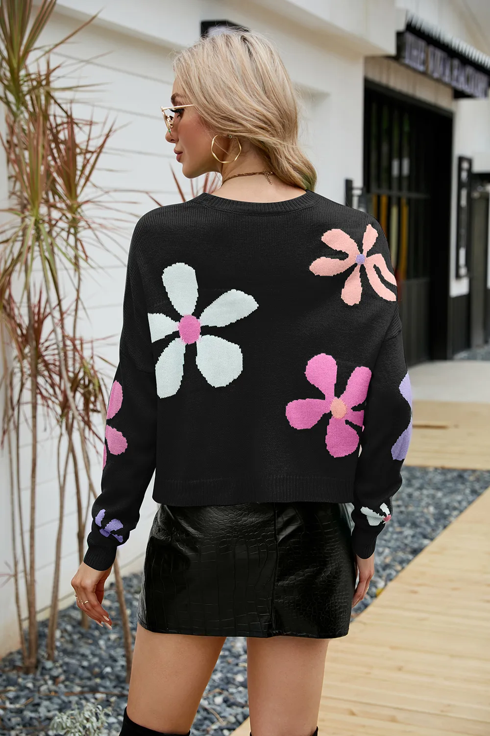 Flower Round Neck Drop Shoulder Sweater, image 7