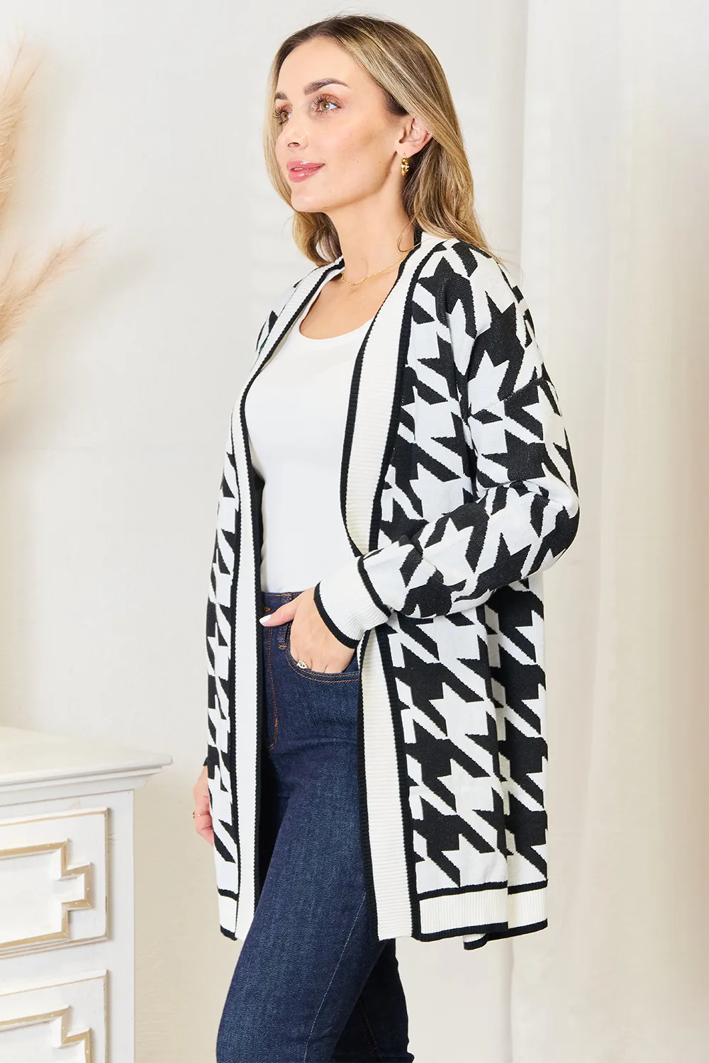 Houndstooth Open Front Longline Cardigan, image 4