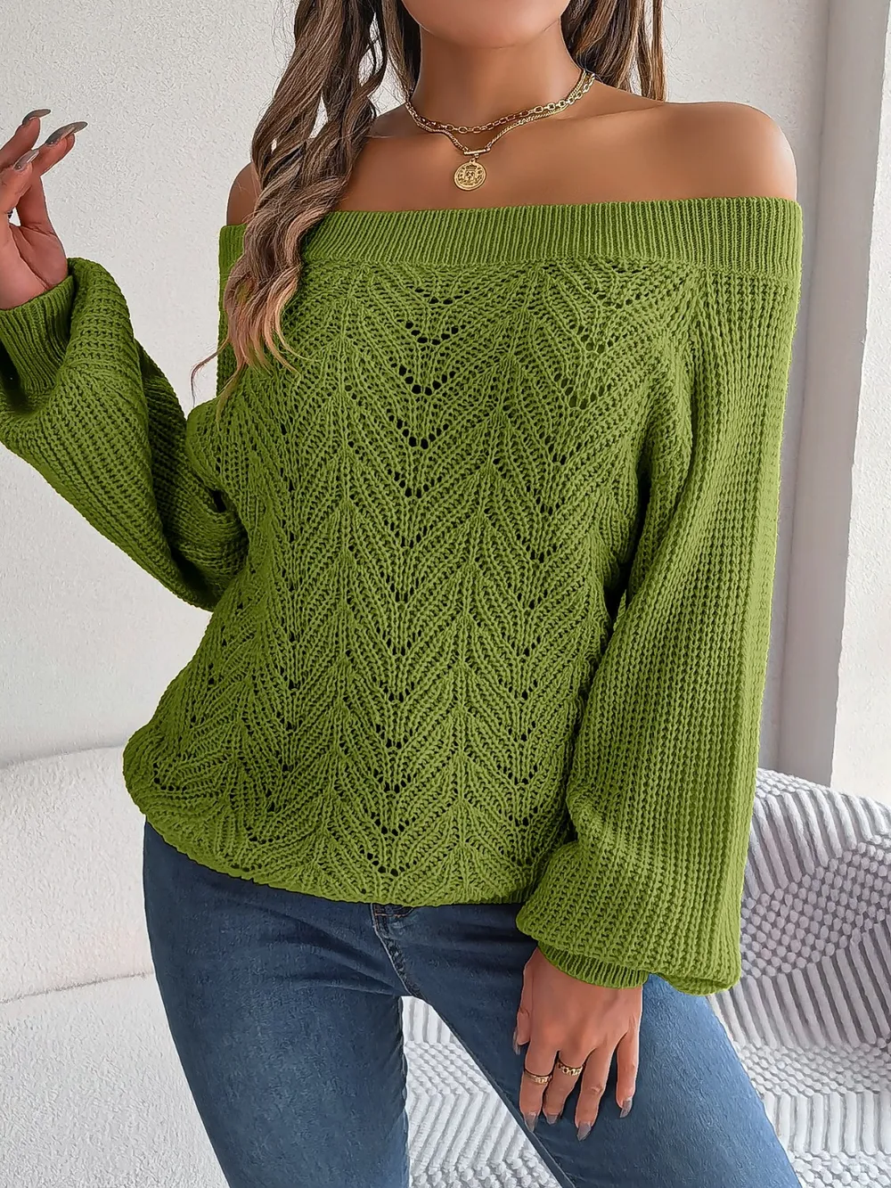 Openwork Off-Shoulder Long Sleeve Sweater, image 7