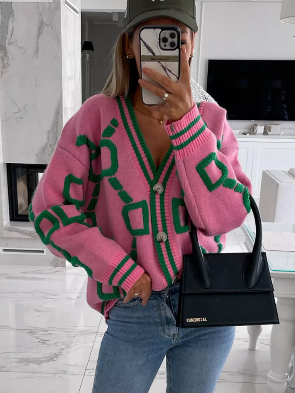 Geometric Dropped Shoulder Button Down Cardigan, image 10