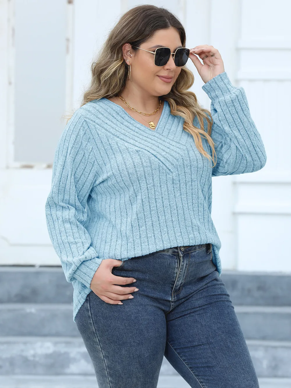 Plus Size Ribbed V-Neck Long Sleeve Top, image 4