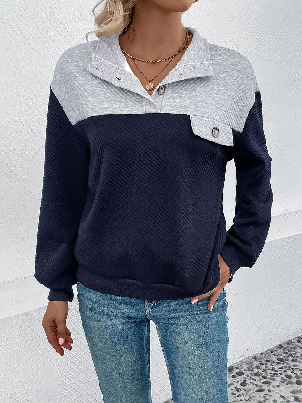 Textured Contrast Half Button Sweatshirt, image 4