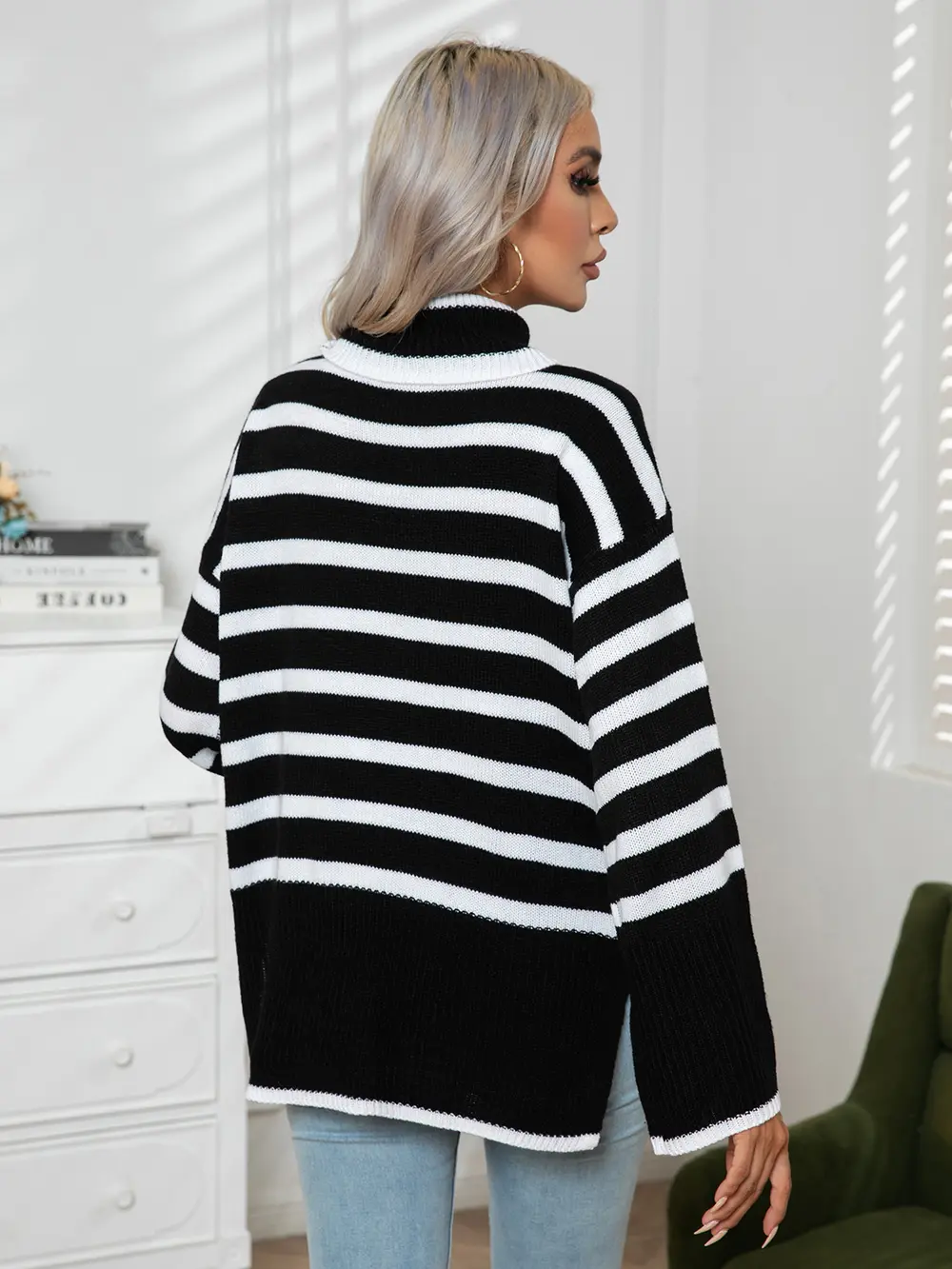 Striped Slit Turtleneck Drop Shoulder Sweater, image 3