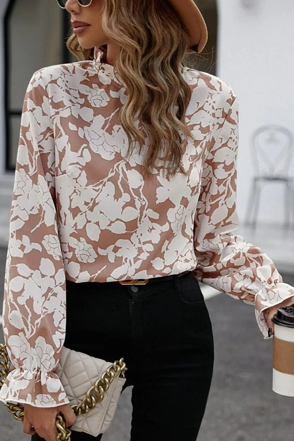 Floral Print Mock Neck Flounce Sleeve Blouse, image 4