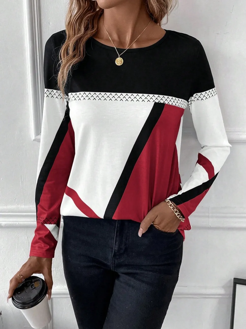 Contrast Round Neck Long Sleeve T-Shirt, image 12
