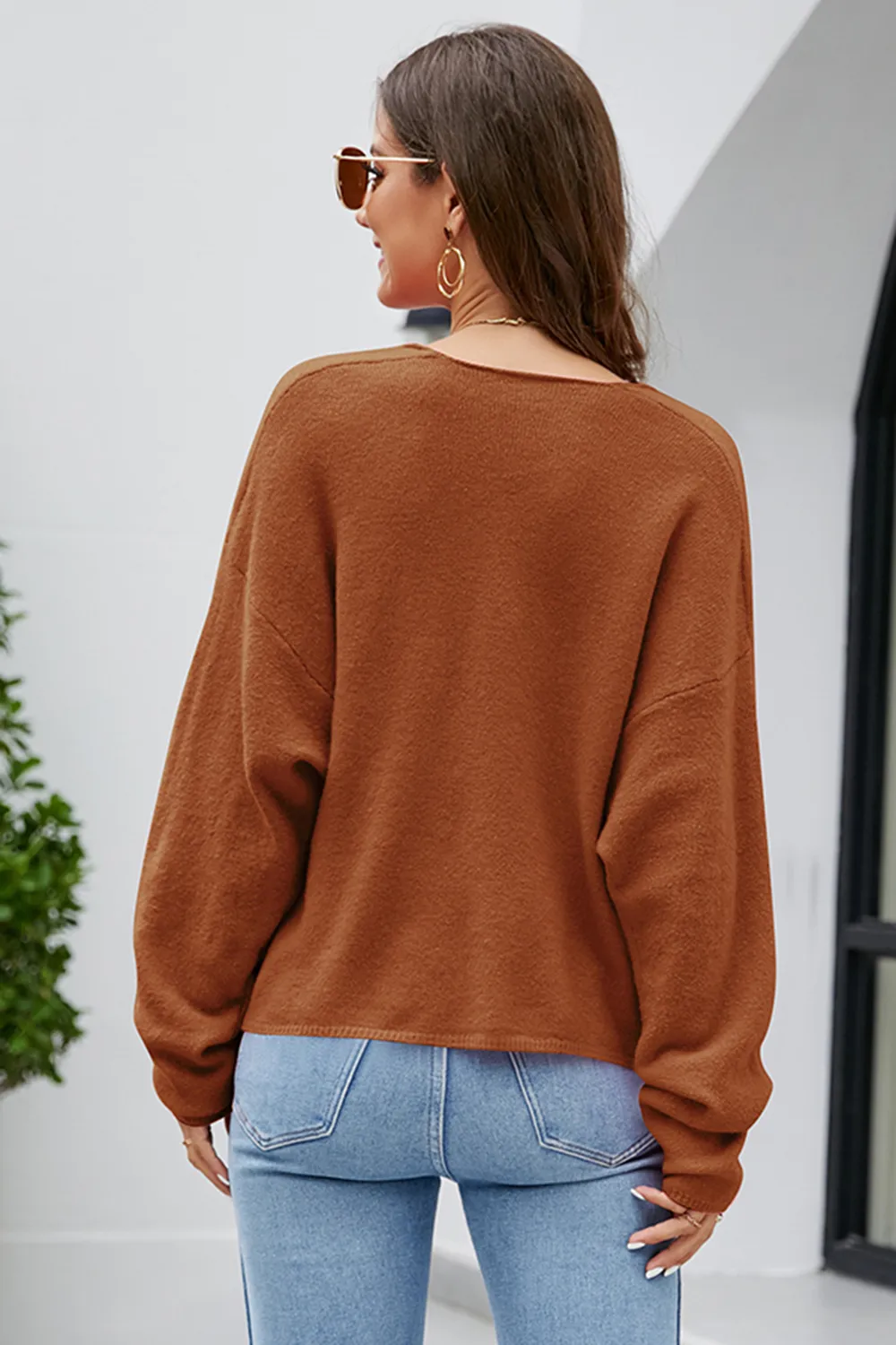 V-Neck Drop Shoulder Long Sleeve Knit Top, image 13