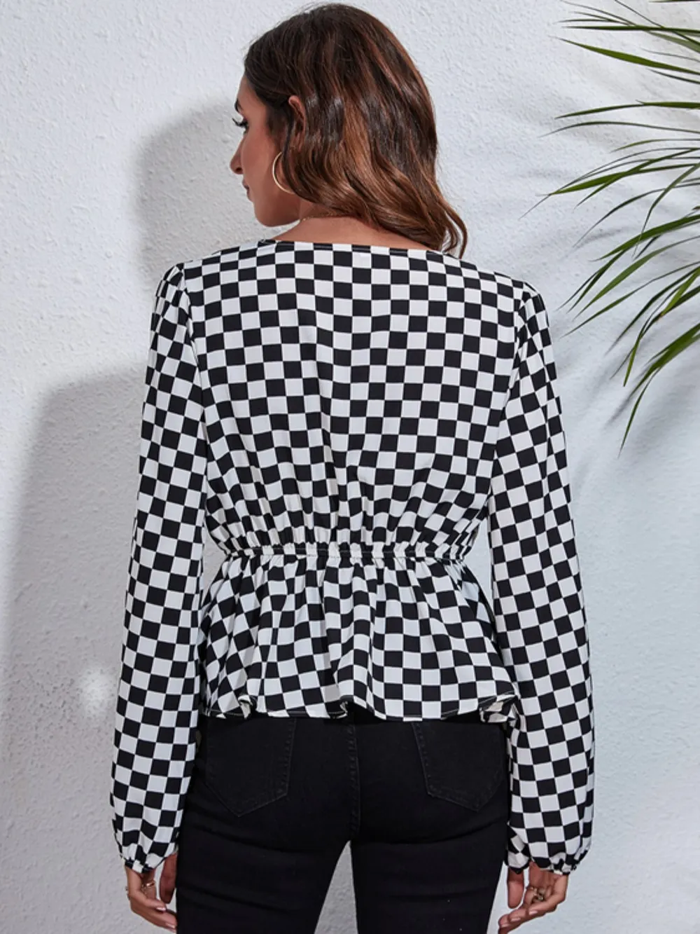 Checkered V-Neck Balloon Sleeve Peplum Blouse, image 2