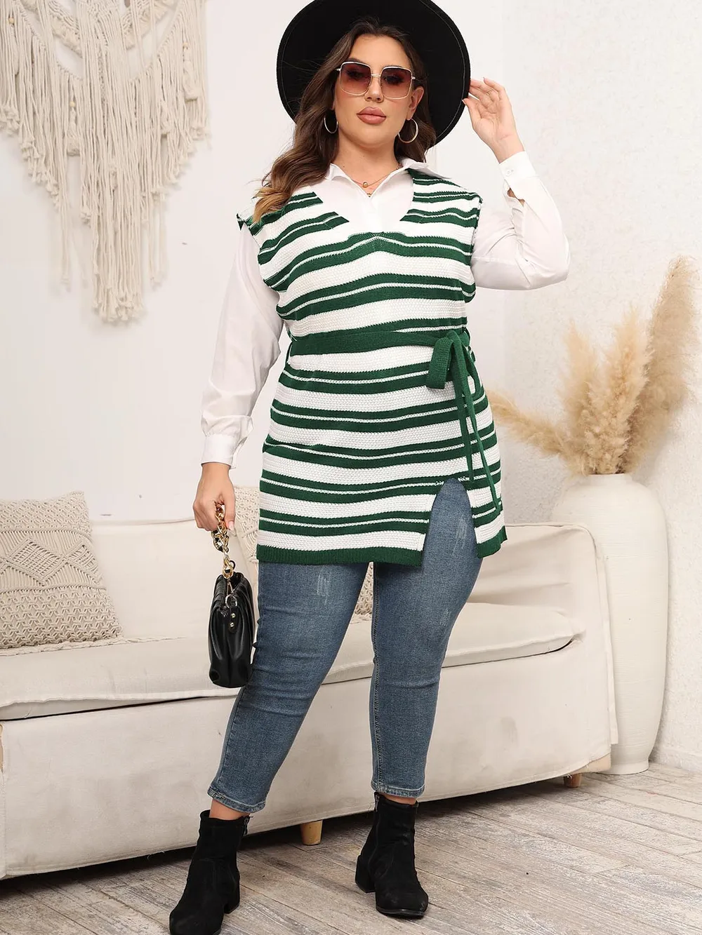 Plus Size Striped Colared Neck Tied Front Sweater Vest, image 12