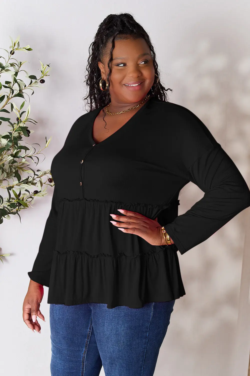 Half Button Long Sleeve Ruffle Hem Blouse, image 22