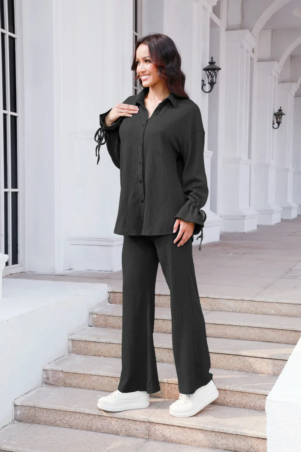 Drawstring Flounce Sleeve Shirt and Pants Set, image 8