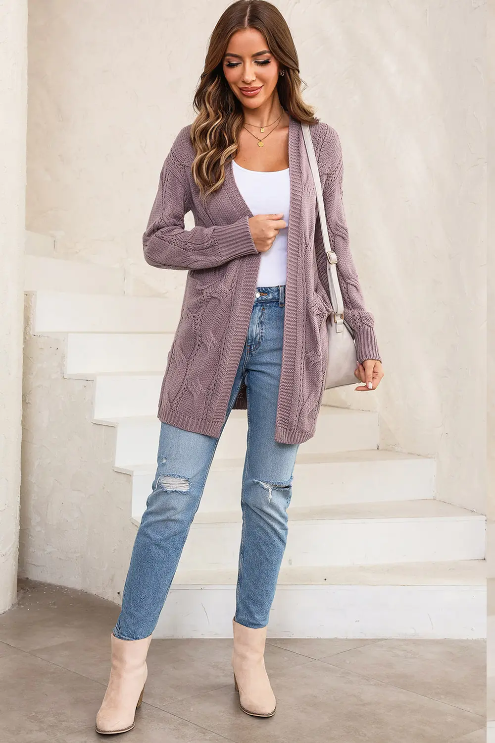 Cable-Knit Dropped Shoulder Slit Cardigan, image 6
