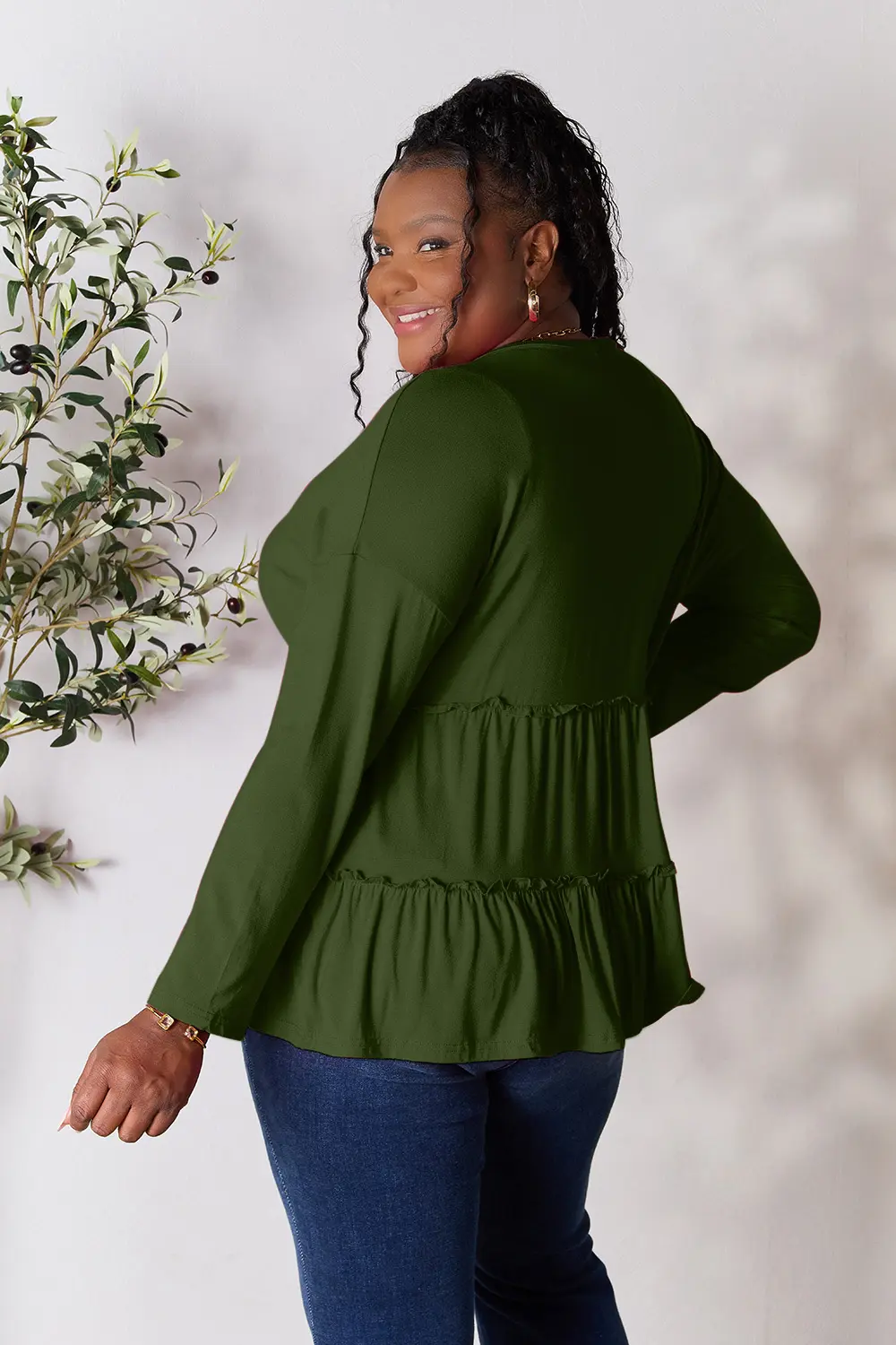 Half Button Long Sleeve Ruffle Hem Blouse, image 23