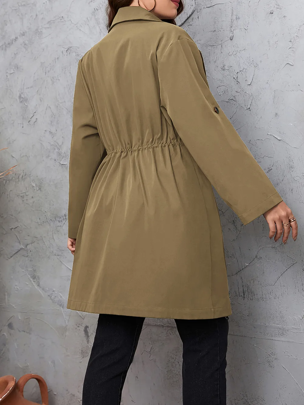 Plus Size Lapel Collar Drawstring Roll-Tab Sleeve Trench Coat, image 13