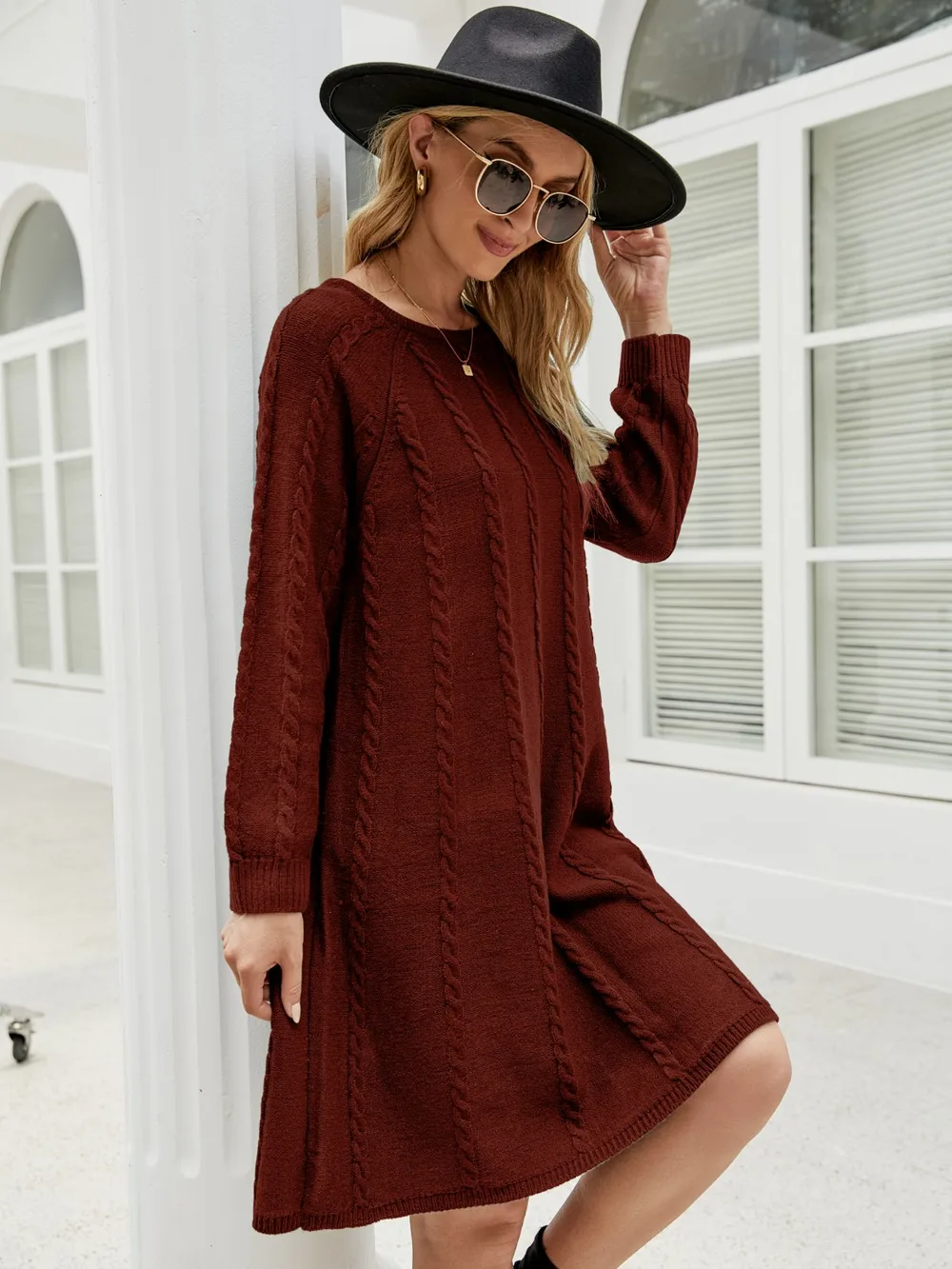 Cable-Knit Long Sleeve Sweater Dress, image 8