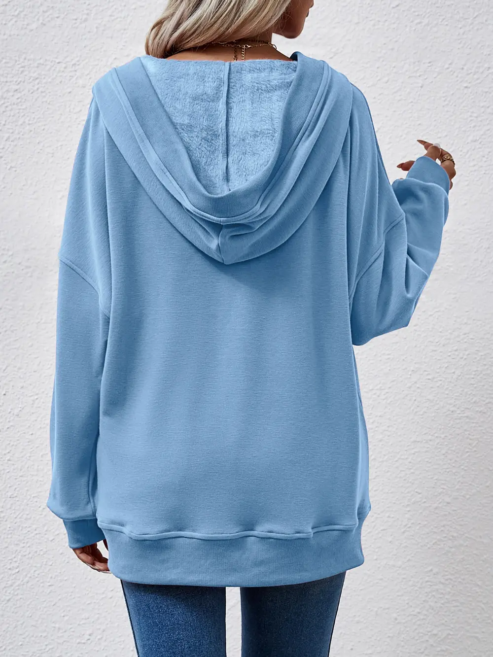 V-Neck Drop Shoulder Long Sleeve Hoodie, image 3