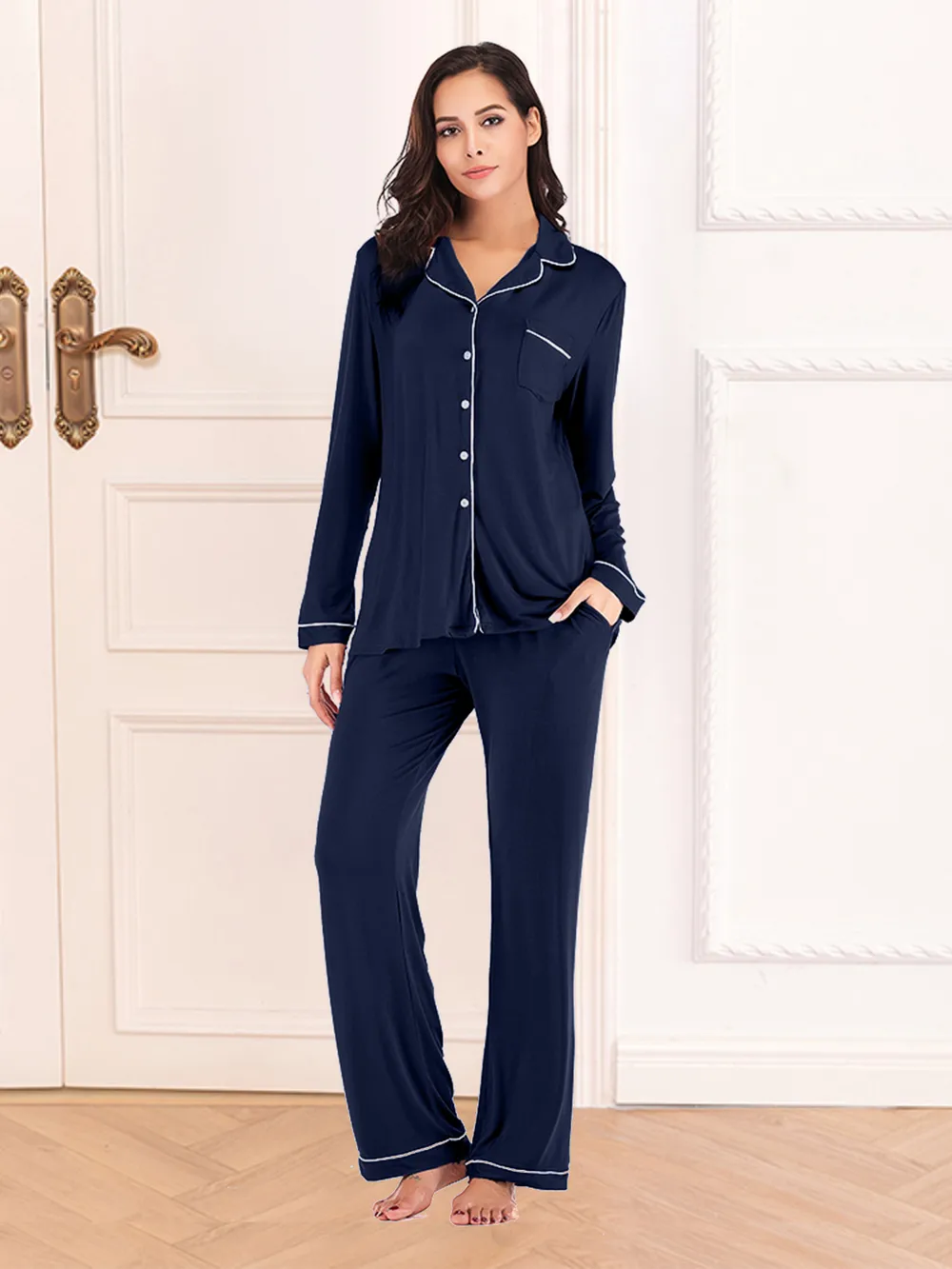 Collared Neck Long Sleeve Loungewear Set with Pockets, image 2