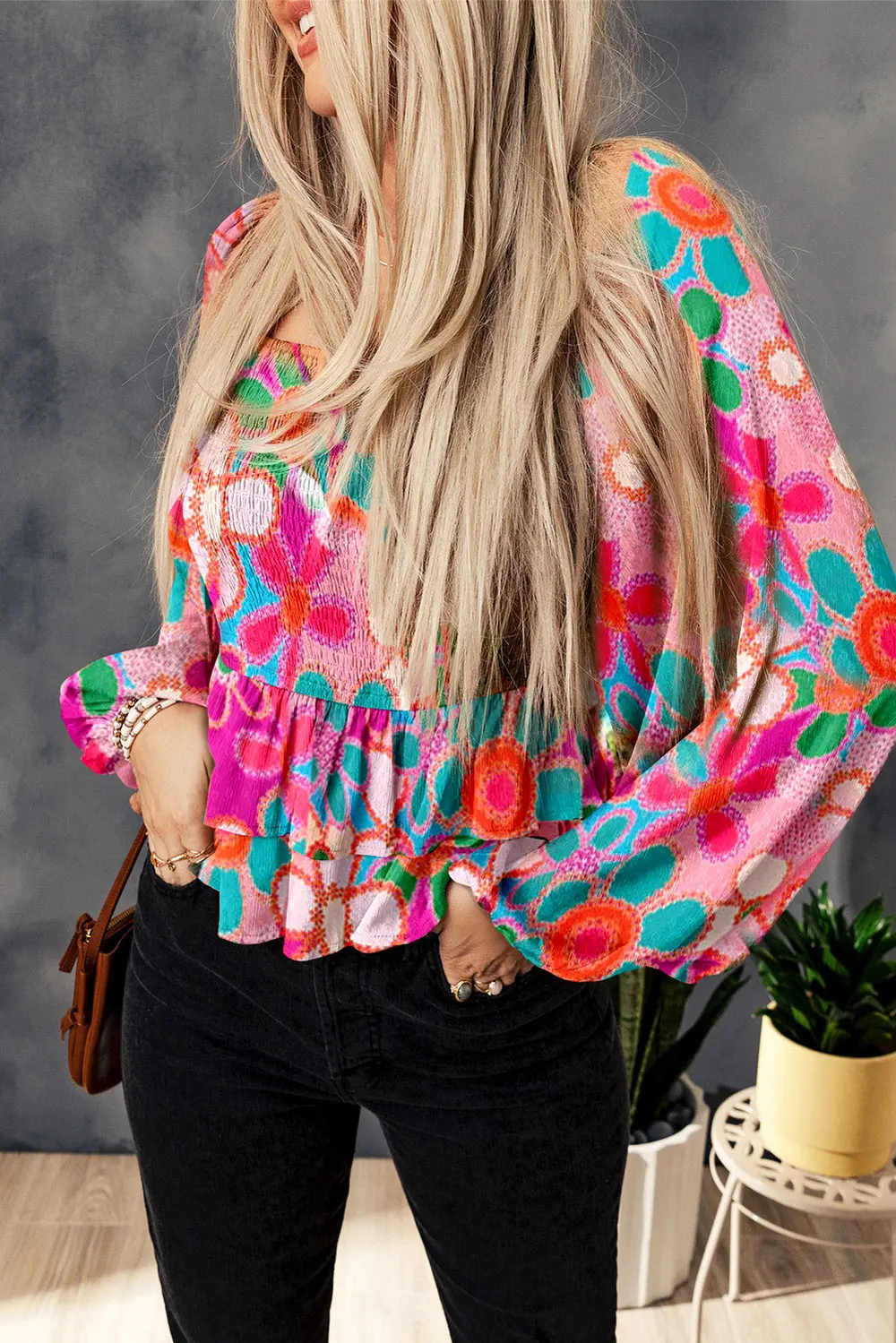 Floral Smocked Ruffled Balloon Sleeve Blouse, image 3