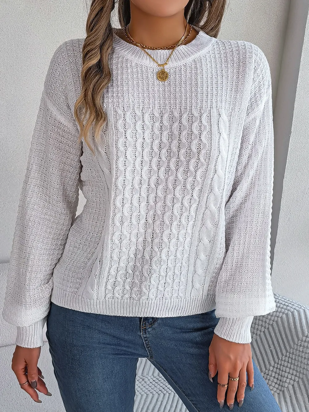Cable-Knit Round Neck Long Sleeve Sweater, image 5