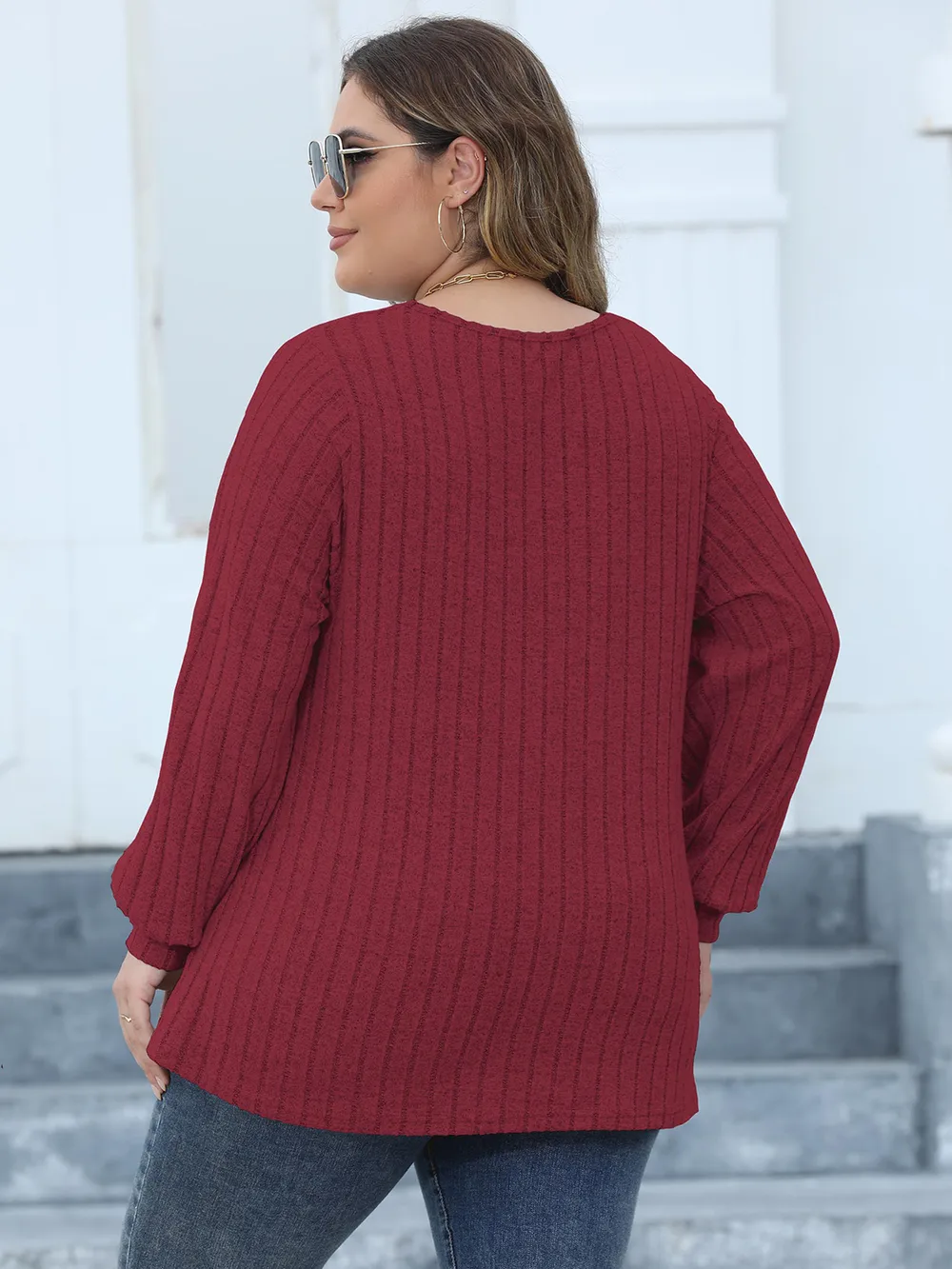 Plus Size Ribbed V-Neck Long Sleeve Top, image 7