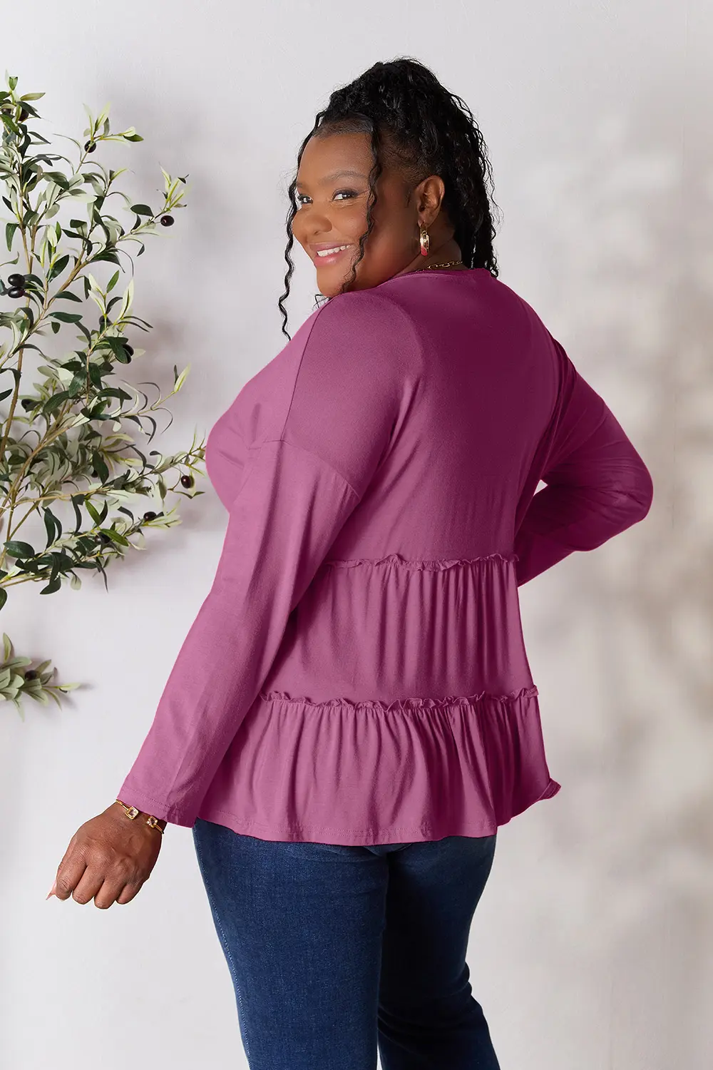 Half Button Long Sleeve Ruffle Hem Blouse, image 24