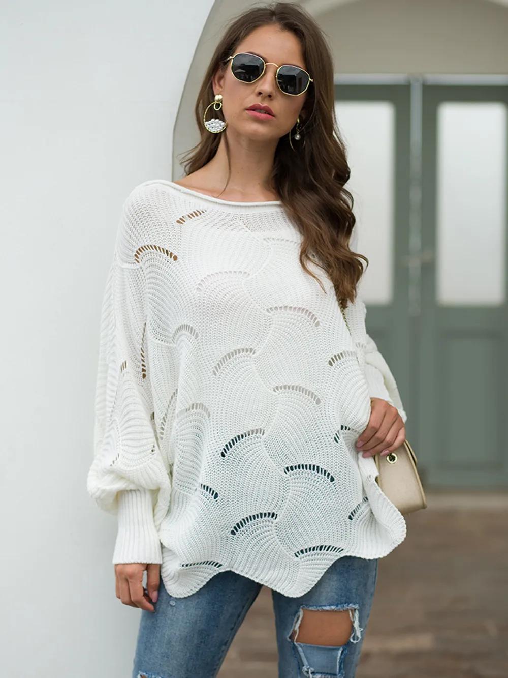 Full Size Boat Neck Lantern Sleeve Openwork Knit Top, image 2