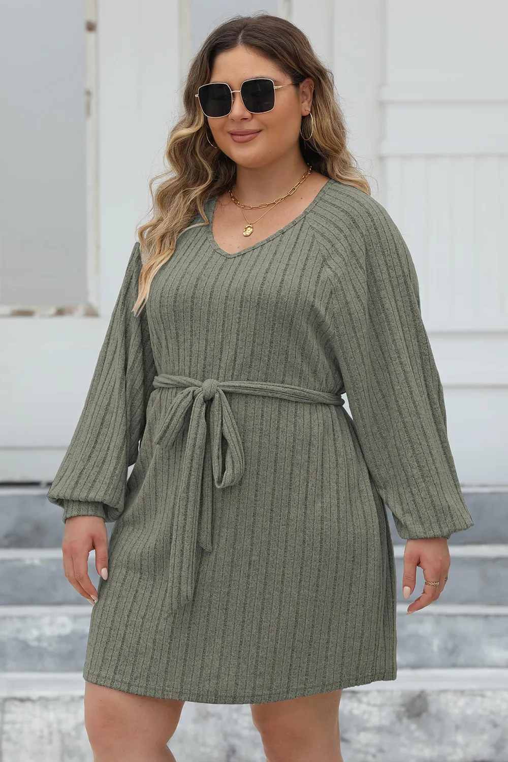 Plus Size Ribbed Tie Front Long Sleeve Sweater Dress, image 6