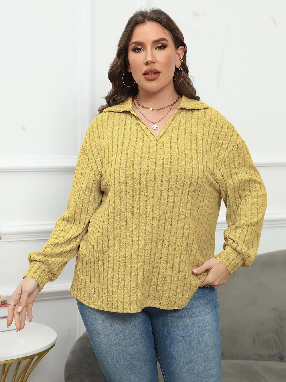 Plus Size Ribbed Collared Neck Long Sleeve Blouse, image 7