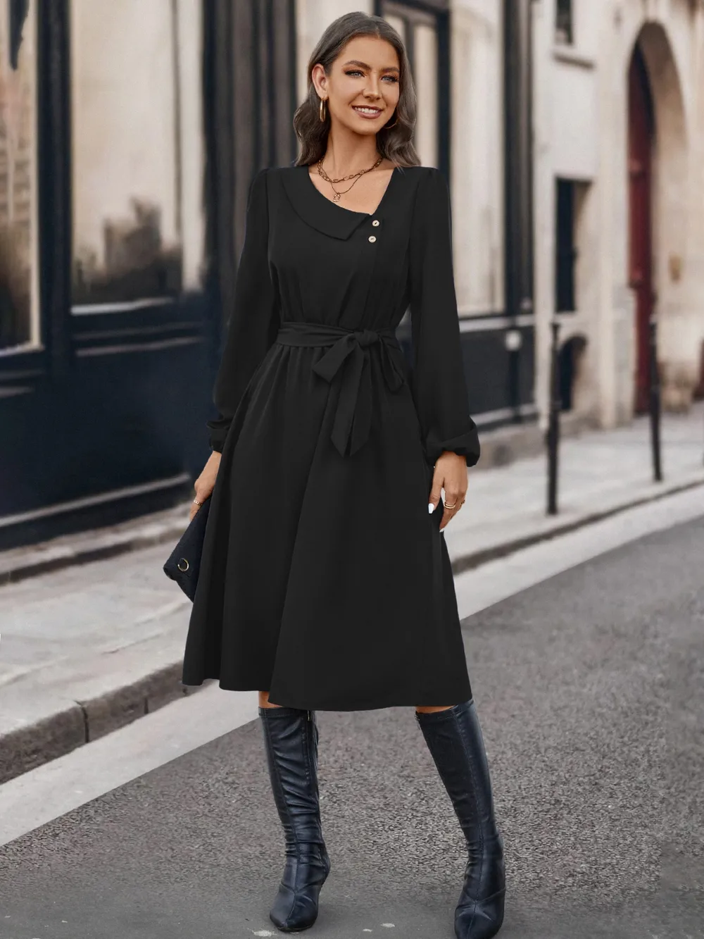 Buttoned Tie Front Long Sleeve Asymmetrical Neck Dress, image 9