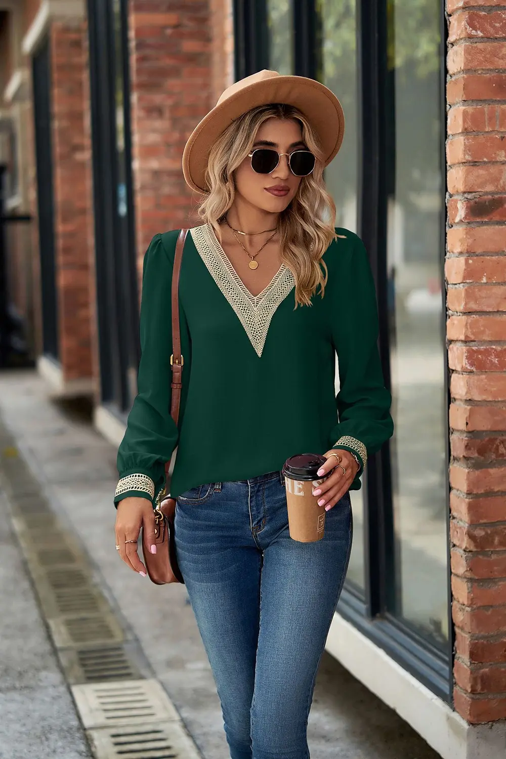 V-Neck Lace Detail Long Sleeve Top, image 2