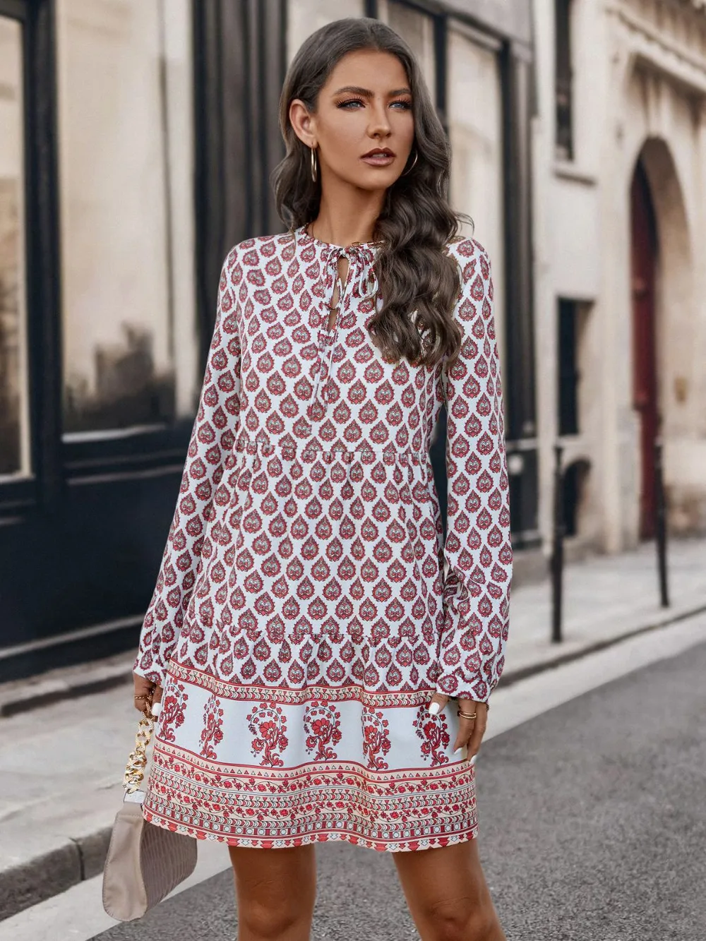 Printed Tie Neck Long Sleeve Dress, image 2