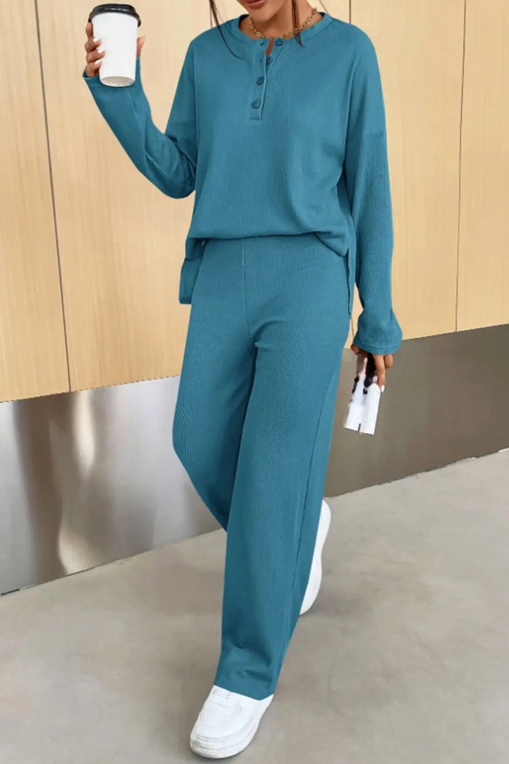 Ribbed Half Button Top and Pants Set, image 4
