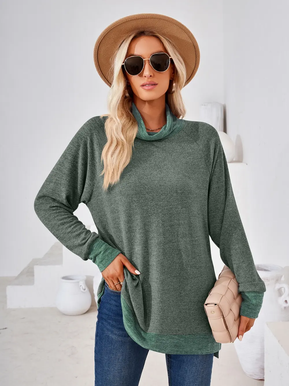Contrast Mock Neck Long Sleeve T-Shirt, image 12
