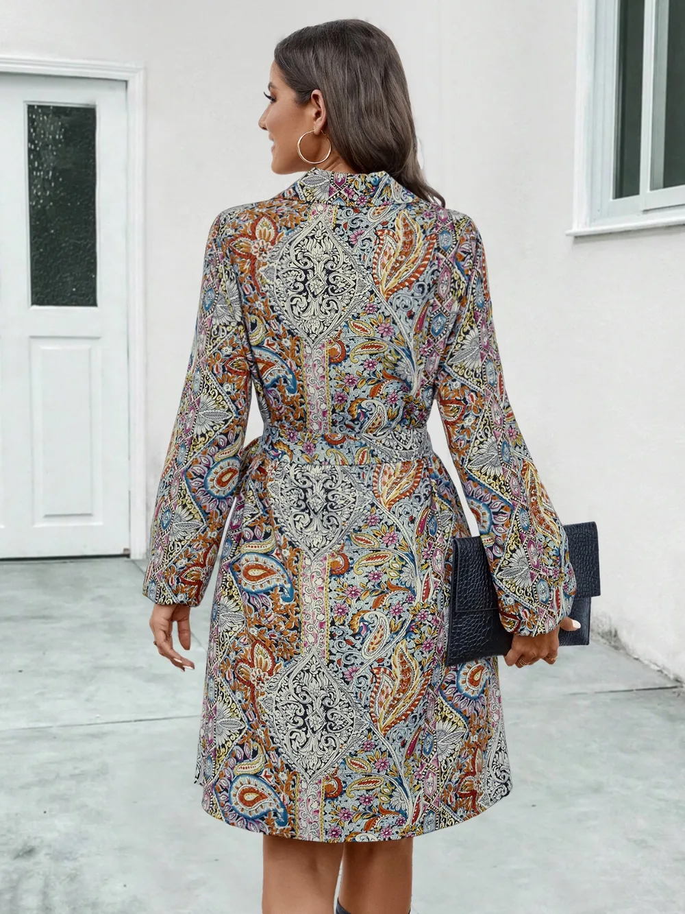 Printed Collared Neck Long Sleeve Dress, image 5
