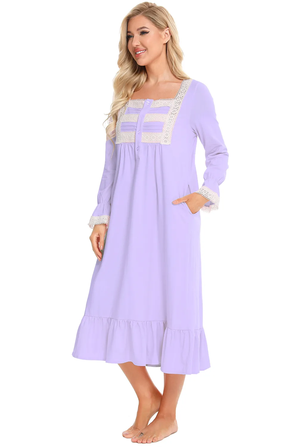 Lace Detail Square Neck Flounce Sleeve Night Dress, image 11